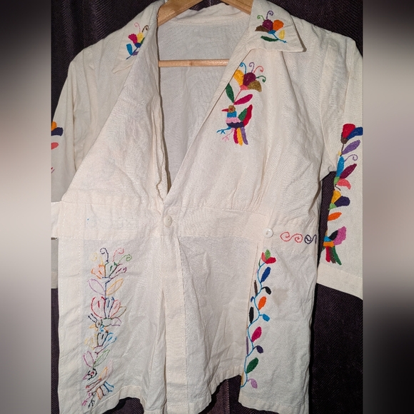 Otomi Blouse Hand embroidered Neutral and multicolor Crossed Top - Picture 5 of 9